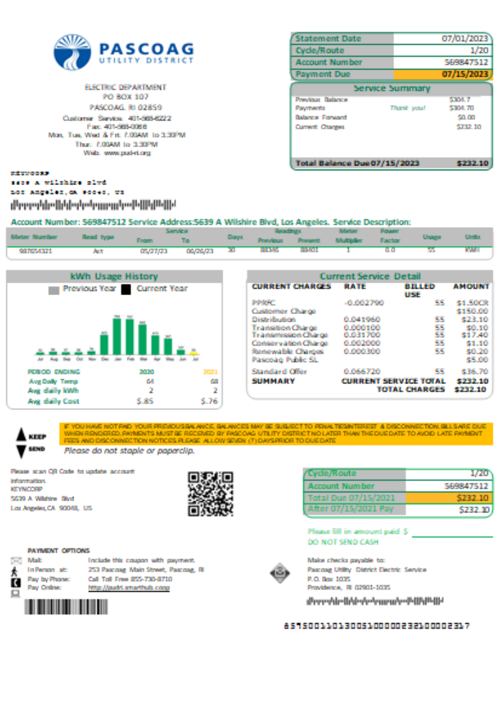 Download Pascoag Utility District utility business bill,  SCR Photoshop template